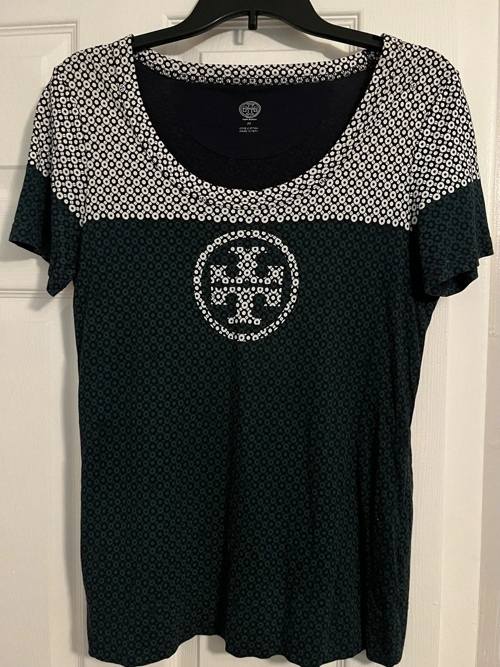 Tory Burch Keaton Geometric Logo Tee Shirt Blue White Medallion Cotton M